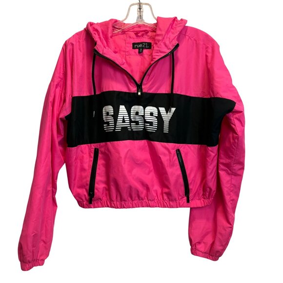 Rue21 Pink "Sassy" Windbreaker Jacket M Cropped Barbiecore Retro Hoodie Zip Pock - Picture 1 of 6